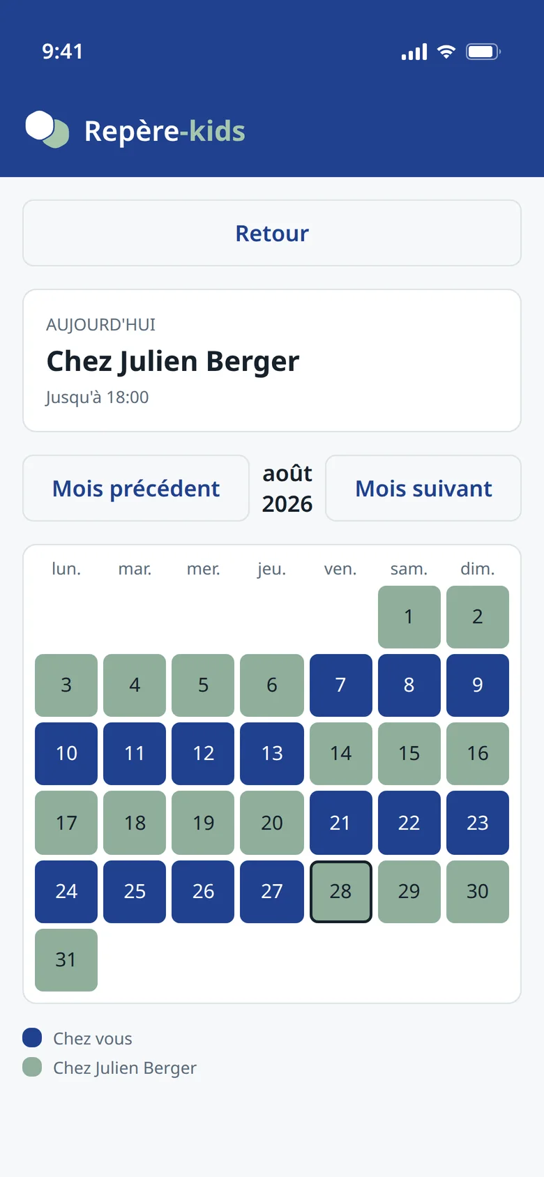 Aperçu de l'écran calendrier de l'application mobile.